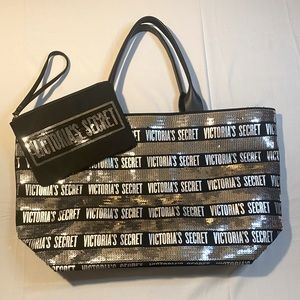 Victoria Secret silver sequin tote bag with make up bag included.  NWOT